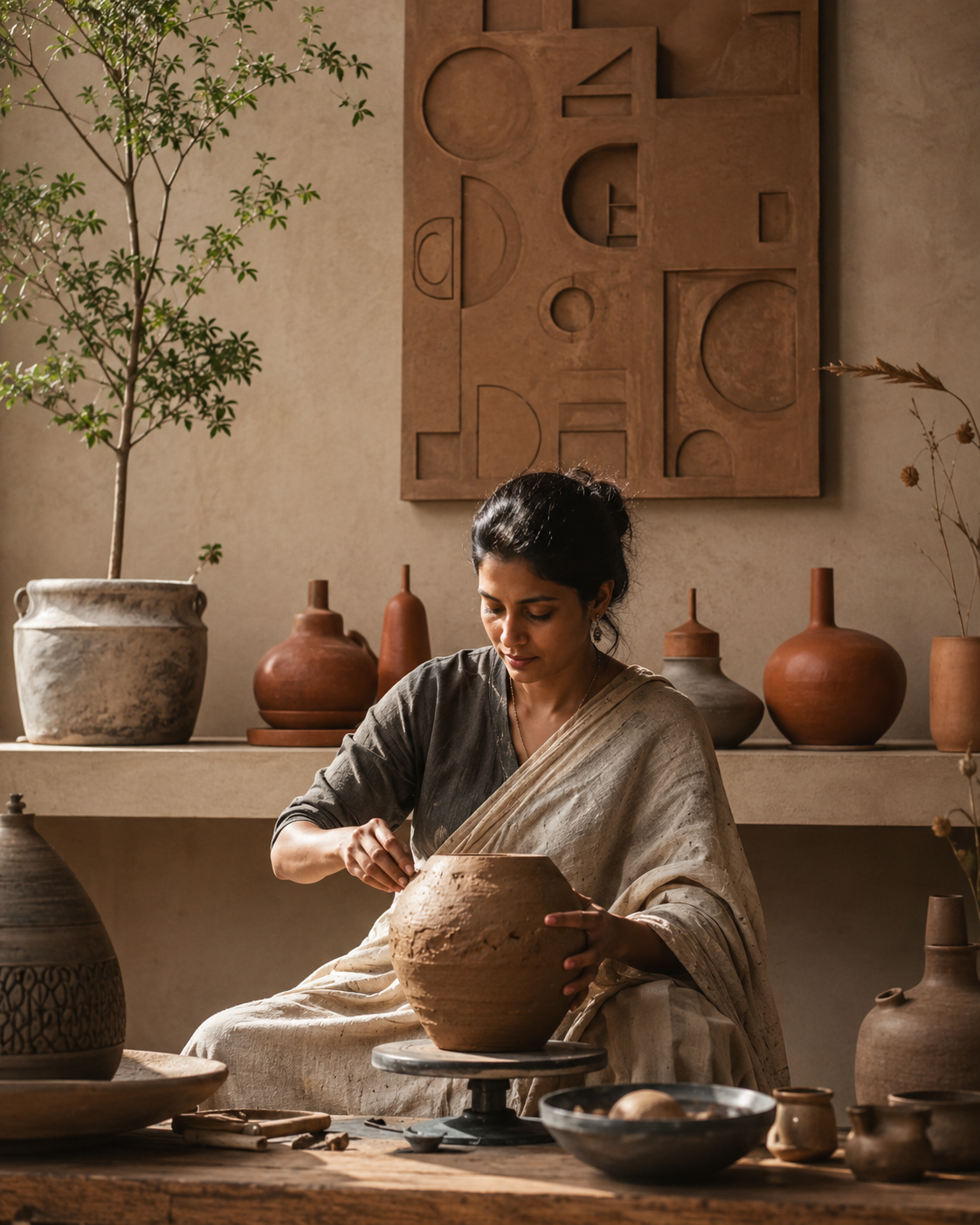 Artisan shaping clay in a refined earthy studio